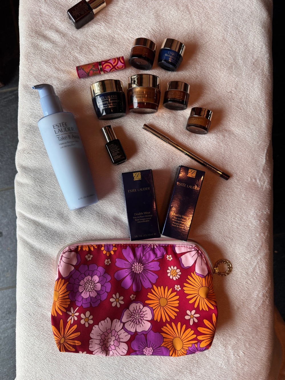 Estee Lauder Floral Cosmetic Pouch - Pink, Purple & Orange & makeup bundle